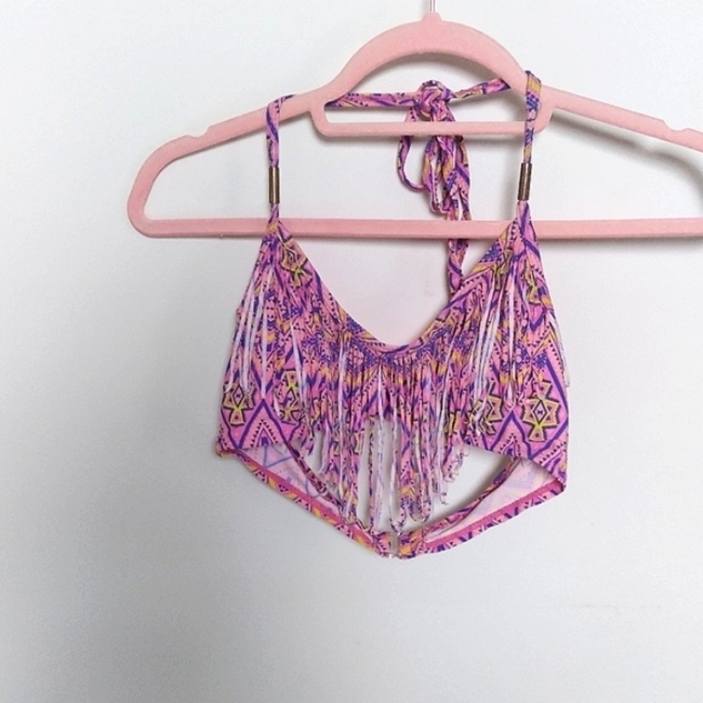 Forever 21 Abstract Pink and Yellow Fringe Bikini Top Size Small